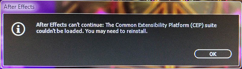 The Common Extensibility Platform (CEP) suite couldn't be loaded