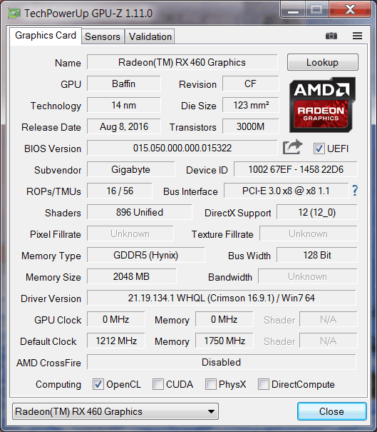 Gigabyte Radeon RX460 WINDFORCE OC 2G