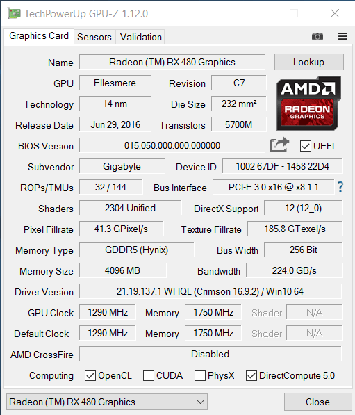 Gigabyte Radeon RX 480 G1 Gaming 4G