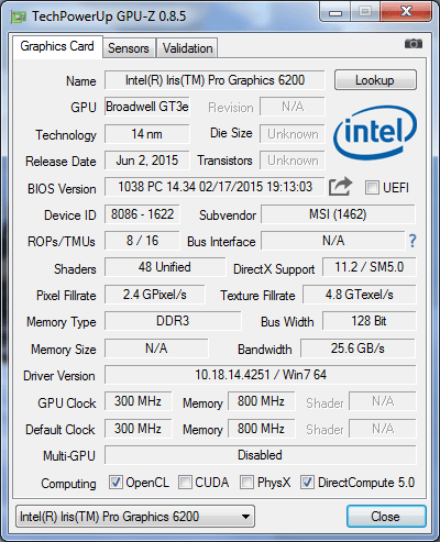 Intel Iris Pro Graphics 6200