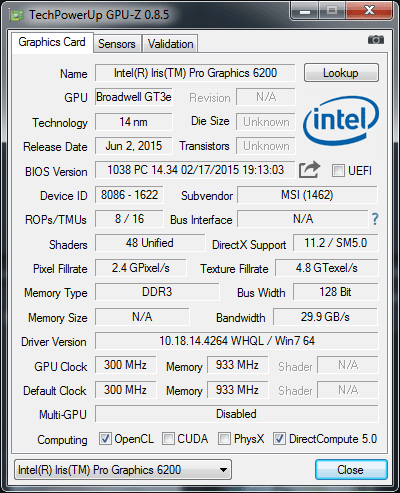 Intel Iris Pro Graphics 6200