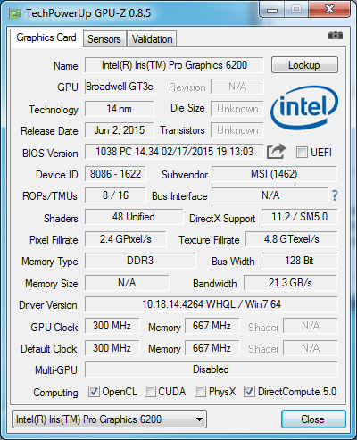 Intel Iris Pro Graphics 6200