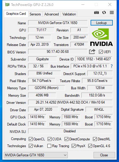 GIGABYTE GeForce GTX 1650 D6 WINDFORCE OC 4G (GV-N1656WF2OC-4GD)