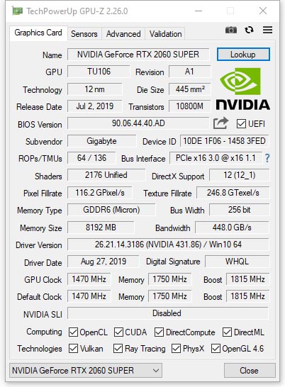 Gigabyte GeForce RTX 2060 SUPER GAMING OC 8G (GV-N206SGAMING OC-8GC)