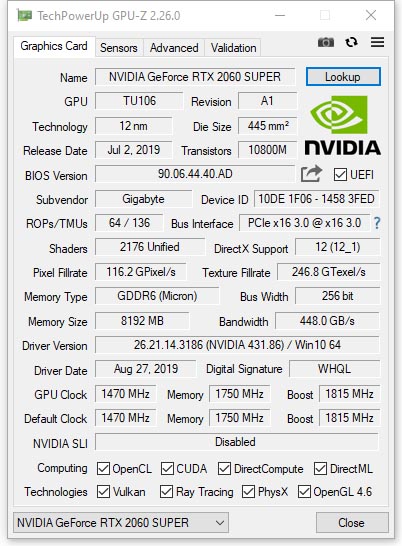 Gigabyte GeForce RTX 2060 SUPER GAMING OC 8G (GV-N206SGAMING OC-8GC)