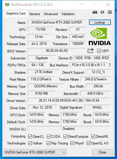 Gigabyte GeForce RTX 2060 SUPER GAMING OC 8G (GV-N206SGAMING OC-8GC)