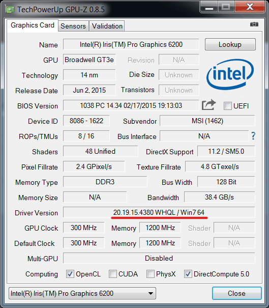 Intel Iris Pro Graphics 6200