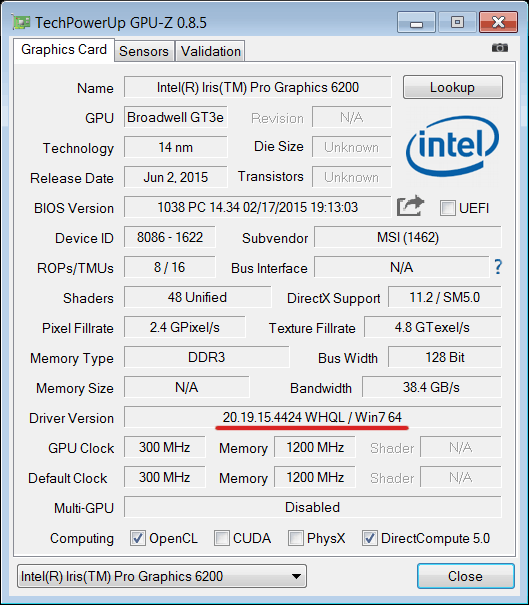 Intel Iris Pro Graphics 6200