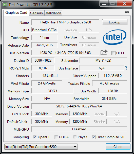 Intel Iris Pro Graphics 6200