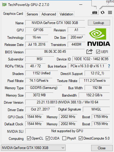 nVidia GeForce GTX 1060 3Gb