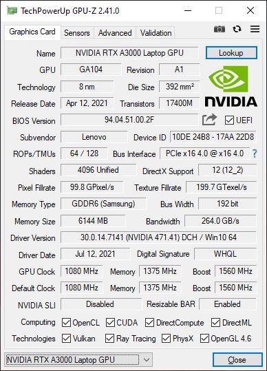 NVIDIA RTX A3000 Laptop