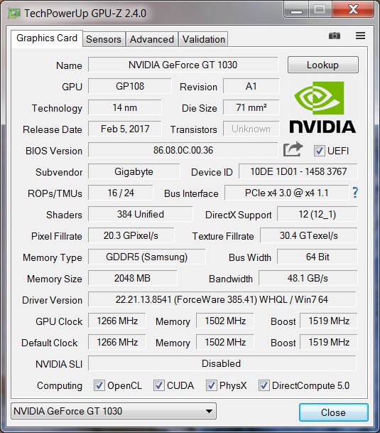 nVideo GeForce GT 1030 NVENC