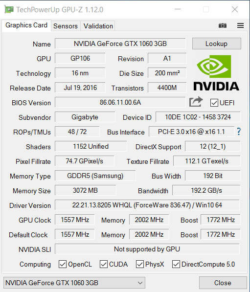 GIGABYTE GeForce GTX 1060 WINDFORCE OC 3G (GV-N1060WF2OC-3GD)