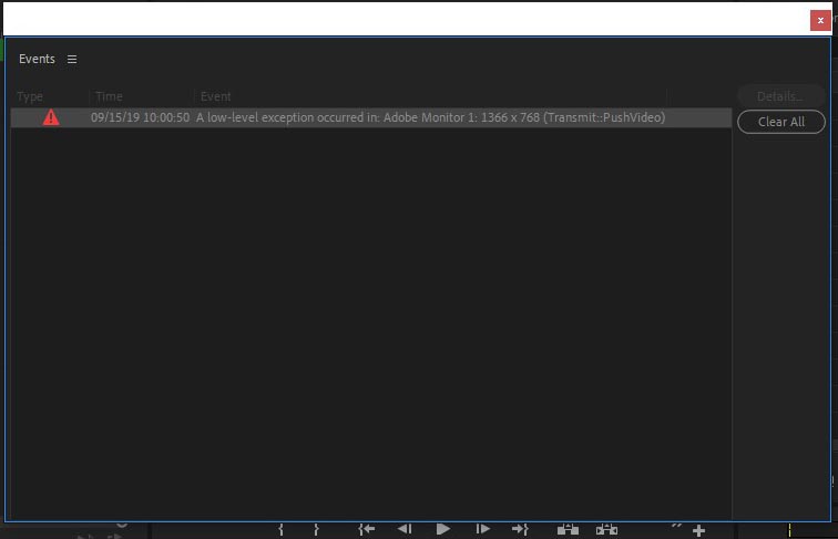 A low-level exception occurred in: Adobe Monitor 1: 1366x768 (Transmit::PushVideo)