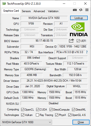 NVIDIA GeForce GTX 1650 Mobile GDDR6