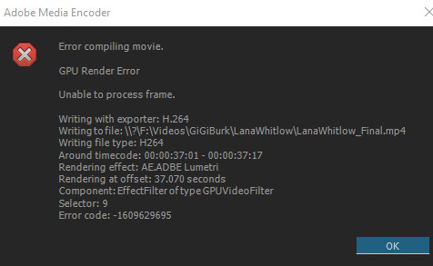 Error compiling movie. 
GPU Render Error. Unable to process frame. Rendering effect: AE.ADBE Lumetri
