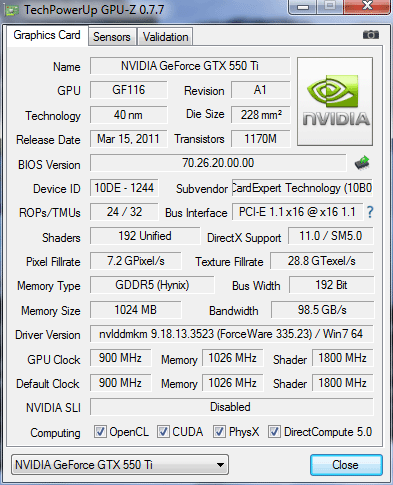 Gainward GeForce GTX 550 Ti 1024MB GDDR5 (NE5X55T0HD09-1061F)