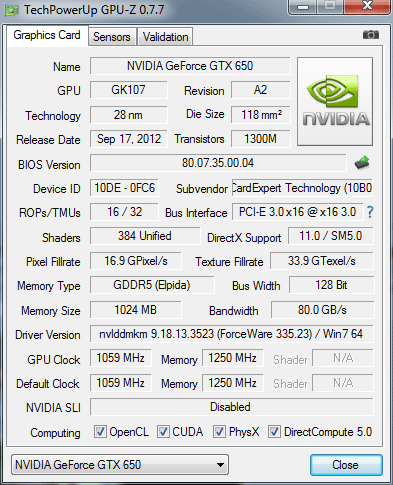 Gainward GeForce GTX 650 1024MB GDDR5 (NE5X65001301-1071F)