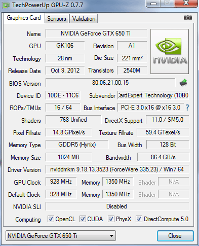 Gainward GeForce GTX 650 Ti 1024MB GDDR5 (NE5X65T01301-1071F)