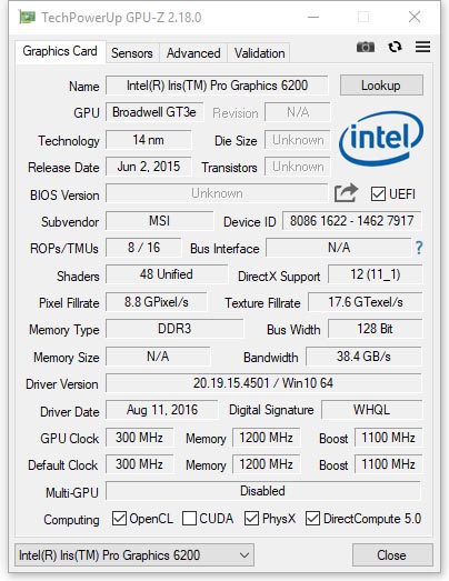 Intel Iris Pro Graphics 6200