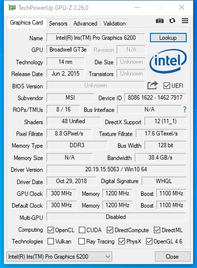 Intel Iris Pro Graphics 6200