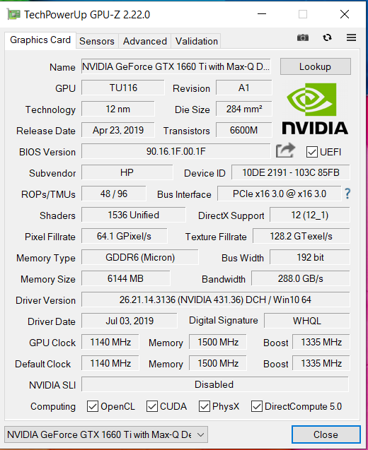 NVIDIA GeForce GTX 1660 Ti  Max-Q Design