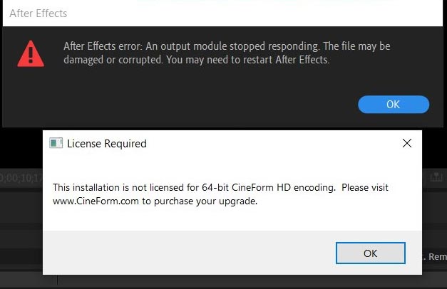 After Effects error: An output module stopped responding
