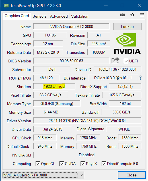 NVIDIA Quadro RTX 3000 Mobile