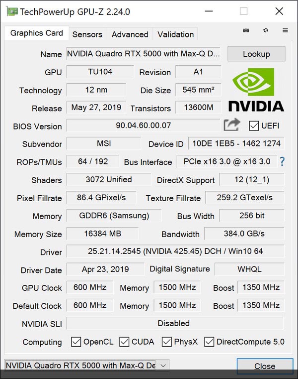 NVIDIA Quadro RTX 5000 Mobile