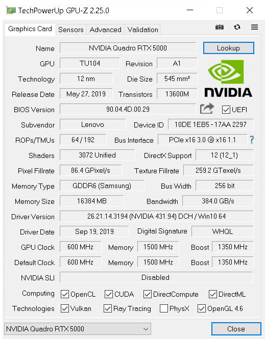 NVIDIA Quadro RTX 5000 Mobile